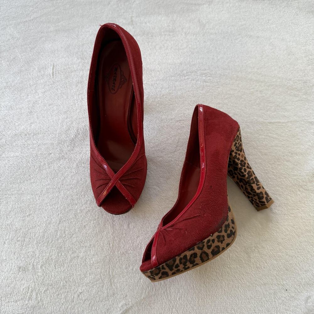 Max Rave Heel Shoes Womens Size 7 Red Leopard Platform Peep Toe Block Pump